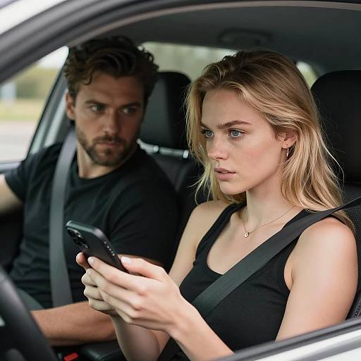 Couple in Car with Woman Using Phone