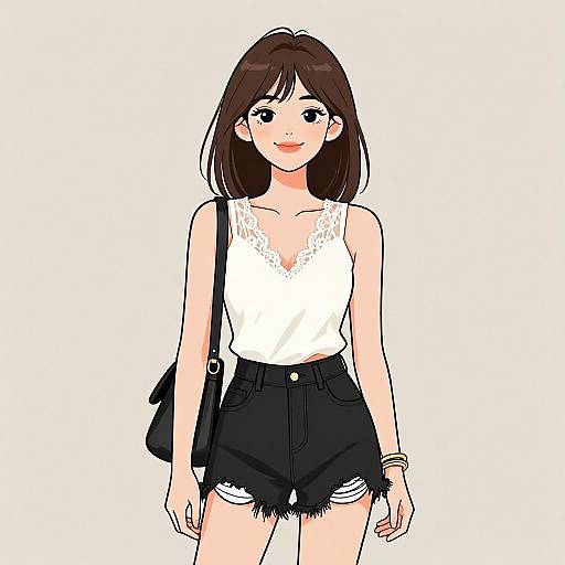Anime-style digital drawing of a smiling young woman with medium-length brown hair, wearing a white lace tank top and black frayed shorts, with a black