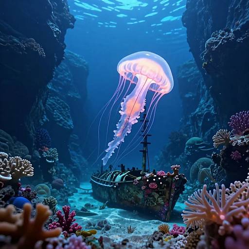 Photograph of a vibrant underwater scene with a glowing jellyfish above a sunken ship, surrounded by colorful coral and rocks.