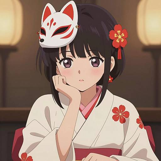 Anime Young Woman in Kimono with Fox Mask