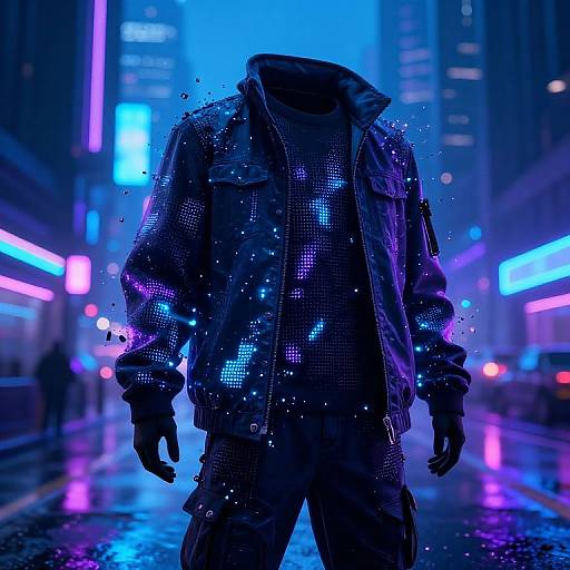 Neon-lit cyberpunk street photograph: faceless figure in shimmering blue and purple sequin jacket, black gloves, standing in rain, surrounded