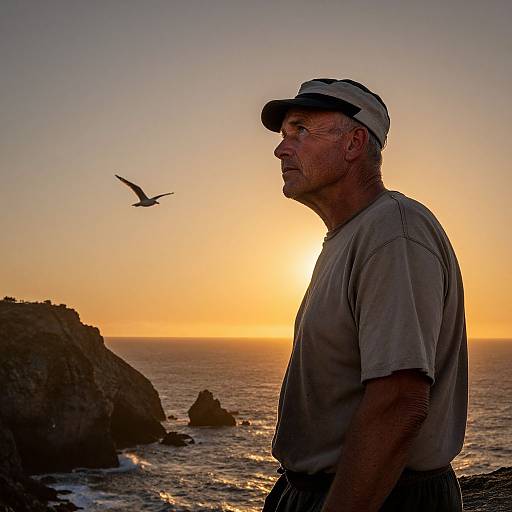 Contemplative Fisherman at Sunset Cliff