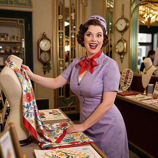 Vintage-style photograph of a smiling, curvy woman with dark hair in a purple dress and red scarf, displaying colorful floral fabric in a vintage shop with