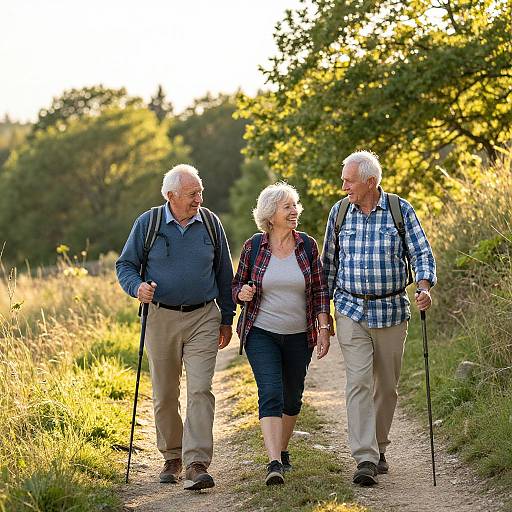 Photograph of three elderly white adults with white hair, walking on a dirt path, holding canes, smiling, wearing casual outdoor clothes, surrounded by