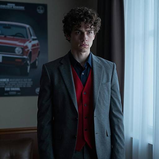 Young Man in Gray Suit with Red Vest