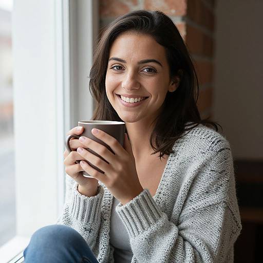 Photograph of a smiling woman with dark brown hair, wearing a gray knit cardigan, holding a brown mug, seated by a sunlit window.