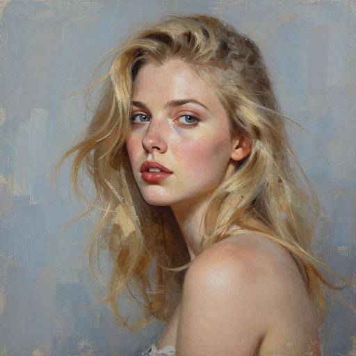 Realistic digital painting of a blonde woman with wavy hair, blue eyes, and fair skin, gazing slightly to the side against a textured blue