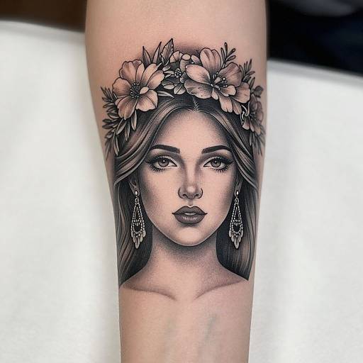 Black-and-gray tattoo of a woman with a flower crown, long hair, and dangling earrings, on a forearm. Realistic, detailed, and striking