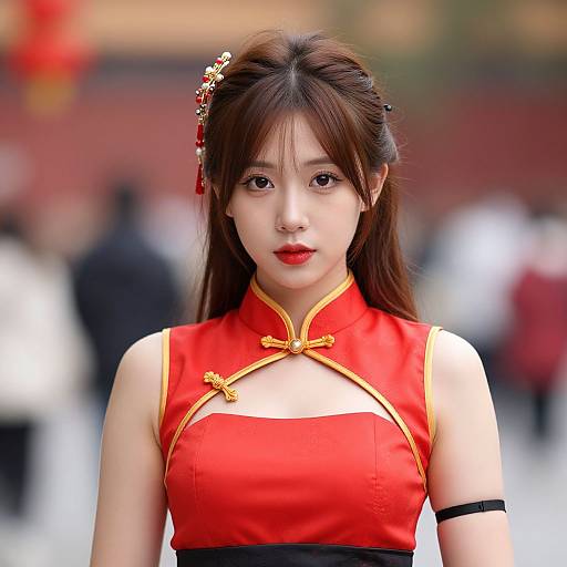 Photograph of an East Asian woman with fair skin, red lipstick, and long brown hair, wearing a red cheongsam with gold trim, standing