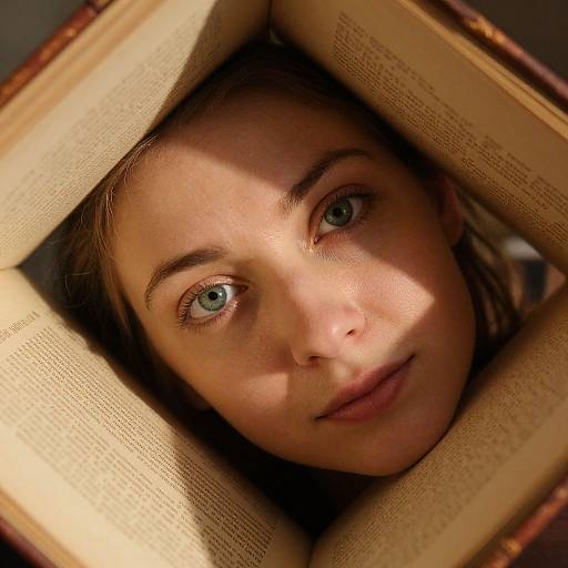 Close-up photograph of a young woman with blue eyes, fair skin, and brown hair, peering from between open pages of a book, illuminated by