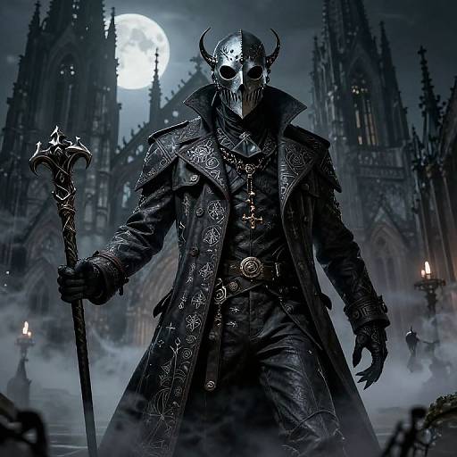 Dark, gothic digital artwork of a hooded, horned figure in ornate black coat, holding a staff, standing before a moonlit,
