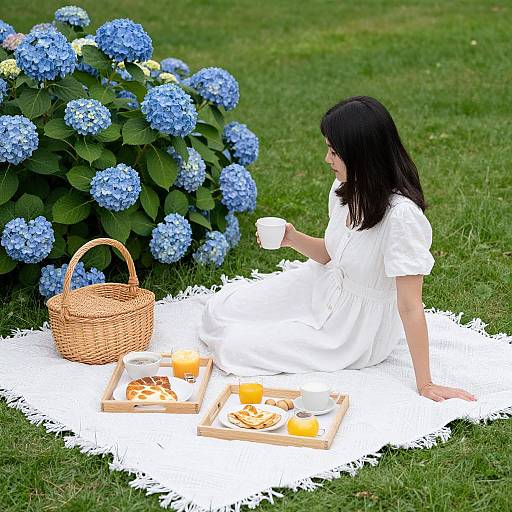 Serene Picnic with Woman and Hydrangeas
