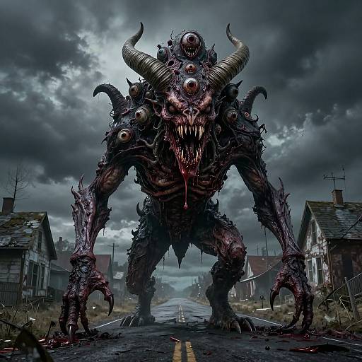 Digital artwork of a terrifying, multi-eyed, horned monster with dripping blood, standing menacingly on a deserted, stormy street lined with dilapid