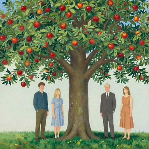 Digital illustration of a family standing under a lush apple tree with red apples, featuring a man in a suit, woman in a dress, and two children