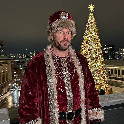 Photograph of a bearded man in a Santa Claus-like red velvet robe with fur trim, standing on a rooftop at night, next to a brightly