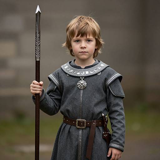 Photograph of a young boy with light brown hair, wearing a medieval-style gray tunic with white trim, holding a wooden spear, standing in a