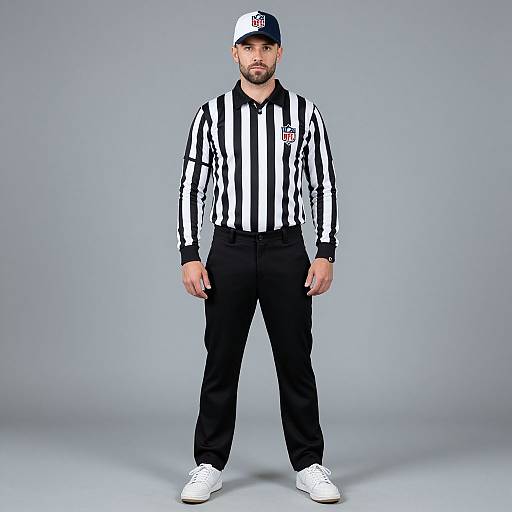 Photograph of a male baseball umpire standing against a gray background, wearing a black and white striped shirt, black pants, white shoes, and a