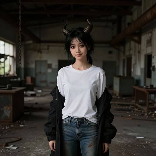Photograph of a young woman with black horns, black jacket, white shirt, and jeans, standing in a dark, abandoned, industrial warehouse.