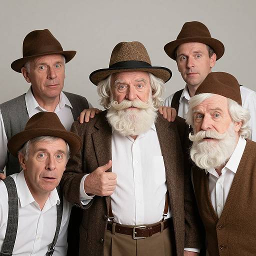 Photograph of five elderly men with white beards, brown hats, white shirts, and brown jackets, standing closely together against a plain background.