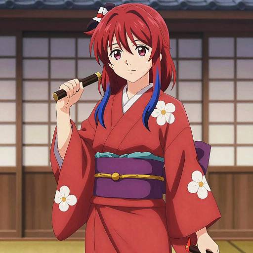 Anime Girl in Red Kimono with Sword