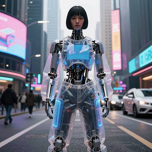 Digital CGI of a futuristic, glowing, transparent robot woman with blue lights, standing in a neon-lit, busy urban street.