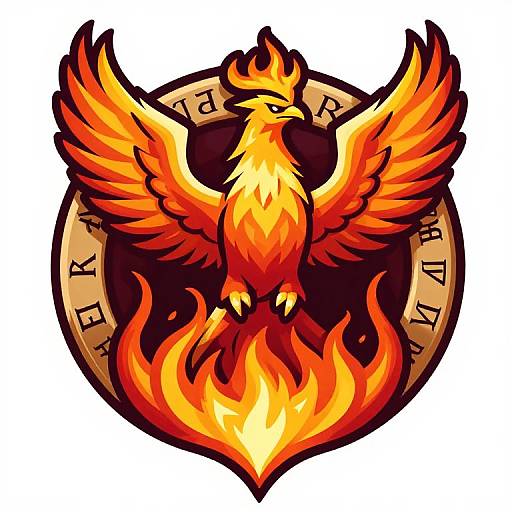 Vibrant digital illustration of a fiery, orange and yellow phoenix with outstretched wings, perched on a shield with 