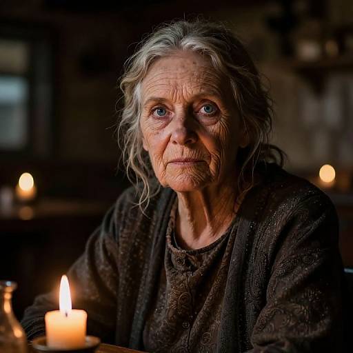 Photograph of an elderly woman with gray, wavy hair, wearing a dark, textured robe, illuminated by candlelight in a dimly lit room