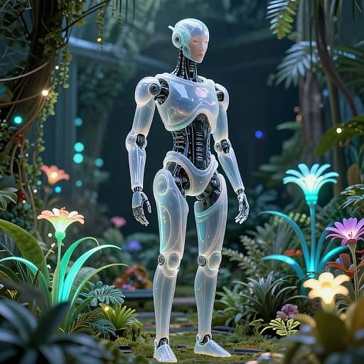 Photorealistic CGI of a white, glowing humanoid robot standing in a vibrant, futuristic garden with bioluminescent flowers and lush greenery.