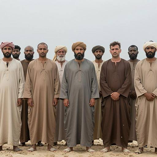 Twelve Men in Tattered Robes on Beach
