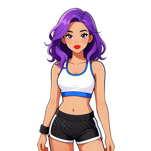 Digital anime-style drawing of a purple-haired woman with red lips, wearing a white sports bra with blue trim and black shorts.