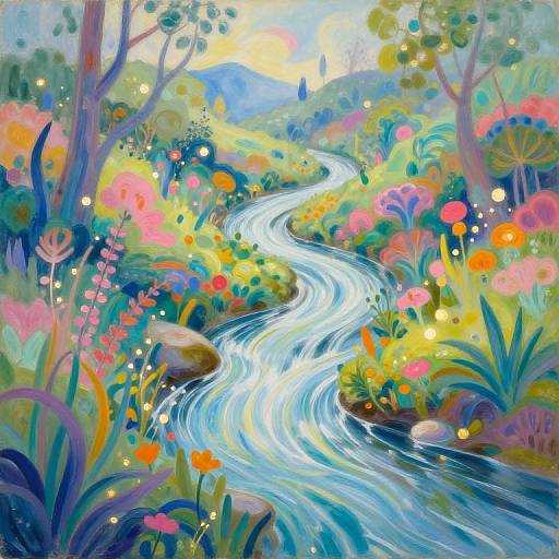 Vibrant, whimsical digital painting of a winding, glowing river through a colorful, flower-filled forest with tall trees and bright, multicolored
