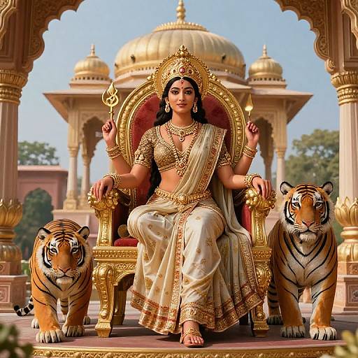 Digital illustration of a regal Indian goddess in a gold throne, adorned with jewelry, white sari, flanked by two tigers, under a
