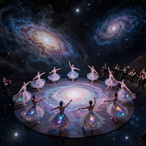 Photograph of a ballet troupe in glowing, iridescent tutus performing on a circular stage, surrounded by a starry sky with swirling galaxies