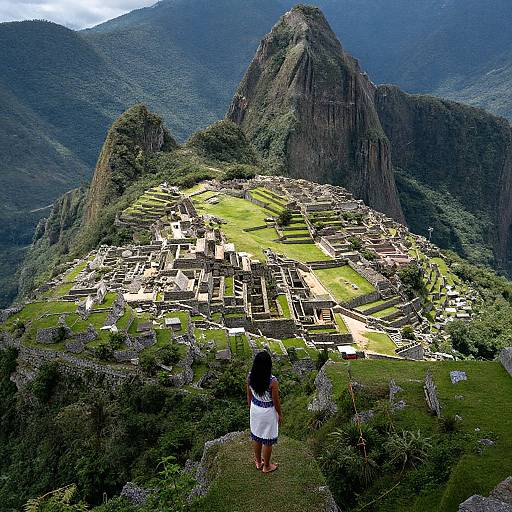 Photograph of a woman with long black hair in a white dress, standing on a grassy hill overlooking Machu Picchu's ancient ruins and lush