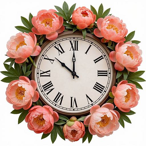 Photograph of a round clock with black Roman numerals, surrounded by pink peony flowers and green leaves, against a white background.