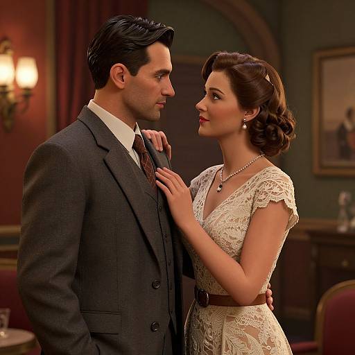 Photorealistic CGI of a 1940s-style couple in a dimly lit, elegant room; man in gray suit, woman in white lace