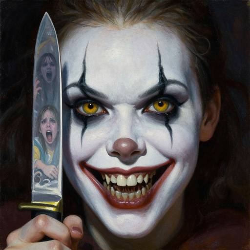 Digital painting of a sinister clown with white makeup, black eye markings, yellow eyes, and a wide grin, holding a knife with a screaming woman's