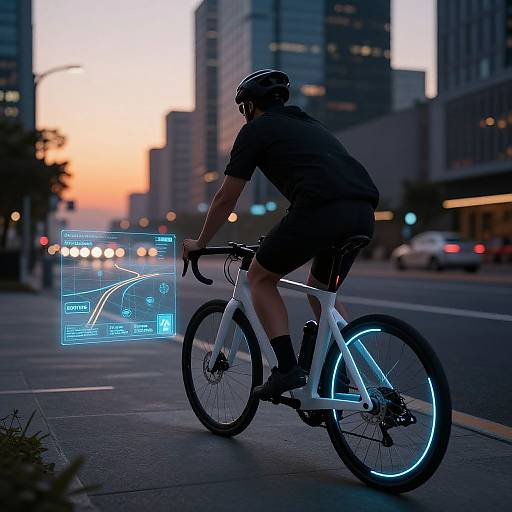 Cyberpunk cyclist with glowing bike in dusk city, wearing black helmet and shorts, illuminated path projected on bike screen.