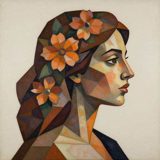 Polygonal digital portrait of a woman with brown hair, orange flowers, and a serene expression, in profile view, against a white background.
