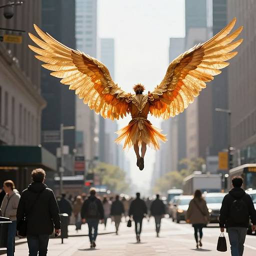 Photograph of a vividly orange, glowing angel with outstretched wings soaring above a busy city street, surrounded by pedestrians and buildings.