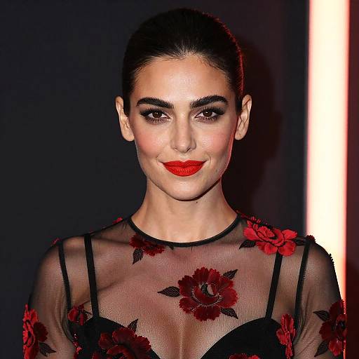 Photograph of a woman with fair skin, dark hair in a slick back bun, wearing a sheer black floral top, bright red lipstick, and dark