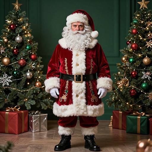 Photograph of a Santa Claus figure in a red velvet suit with white fur trim, standing between two decorated Christmas trees and wrapped gifts.