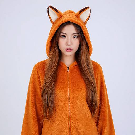 Photograph of an Asian woman with long brown hair, wearing an orange furry fox hooded onesie with ears, against a white background.
