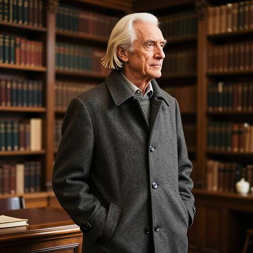 Senior Man with Side Fringe in Classic Coat