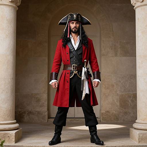 Photograph of a bearded man in a red pirate coat, black tricorn hat, and black pants, standing between stone columns in a sunlit