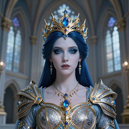 Digital artwork of a pale-skinned, blue-eyed queen with long black hair, wearing a gold crown with blue gems, and ornate silver and gold