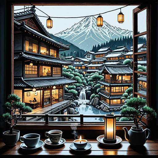 Cozy Mountain Tea House with Bonsai and Lanterns