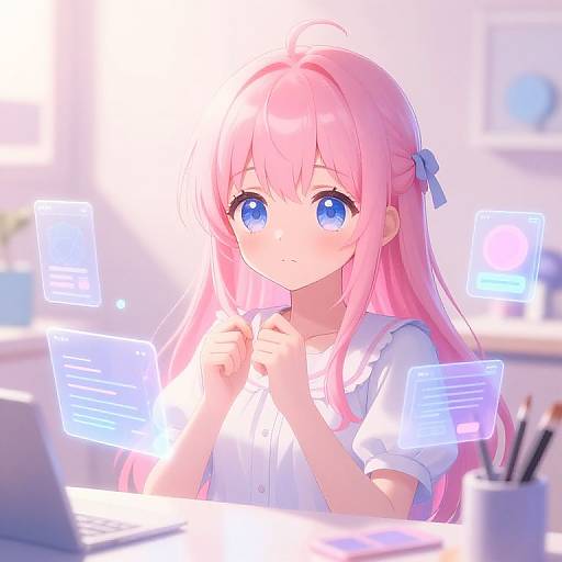 Digital anime-style illustration of a pink-haired girl with large blue eyes, wearing a white shirt, typing on a glowing laptop.