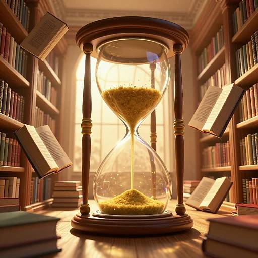 Photograph of a glowing hourglass with sand, surrounded by flying open books, in a sunlit library with wooden shelves.