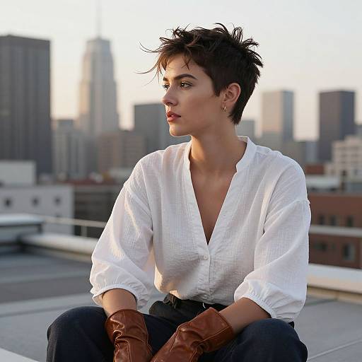 Photograph of a short-haired woman with fair skin and brown eyes, wearing a white button-up shirt, brown gloves, and dark pants, sitting on